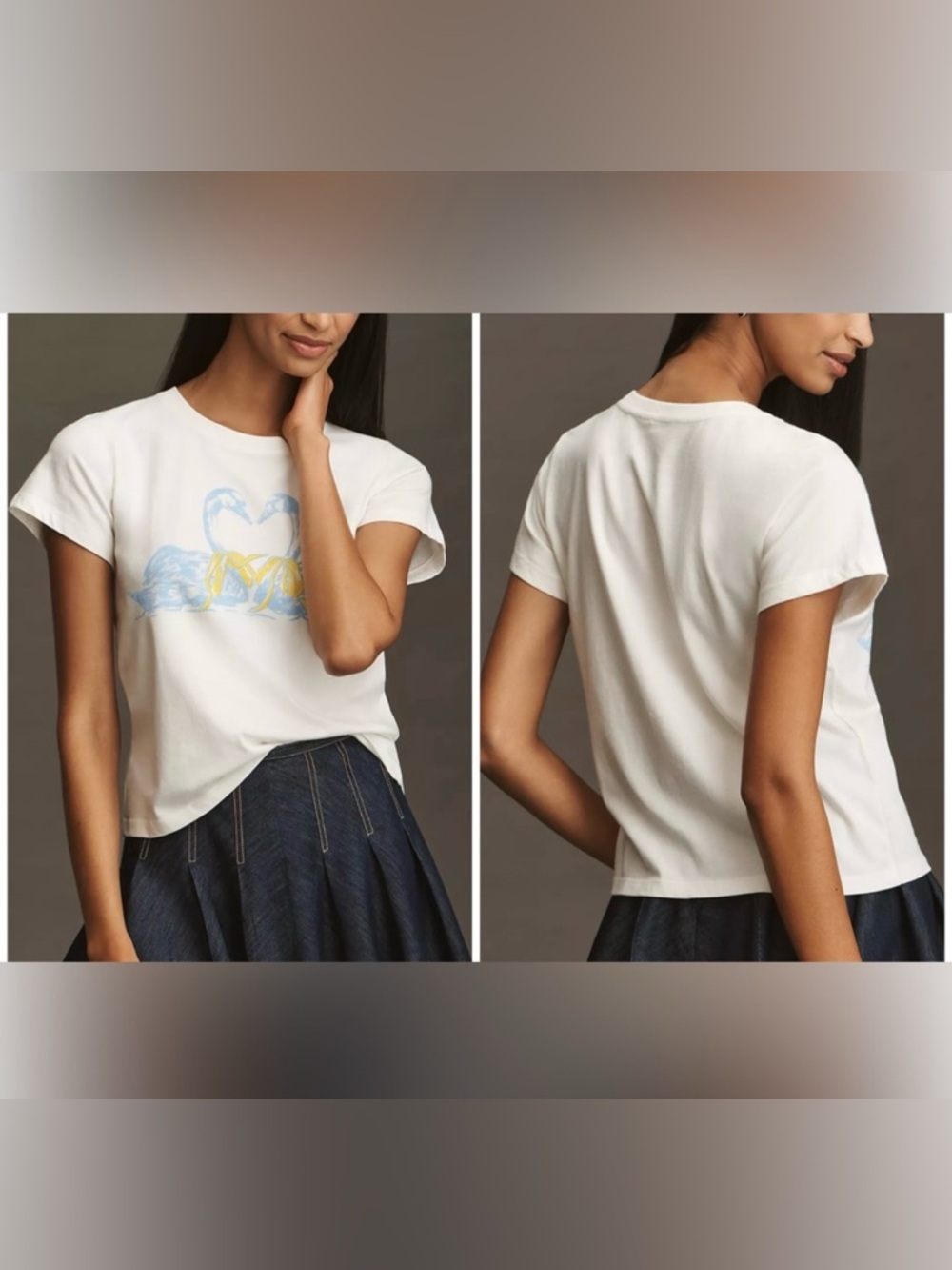 NWOT Anthropologie By Anthropologie Swan Graphic Tee ivory blue yellow - LP, XLP
